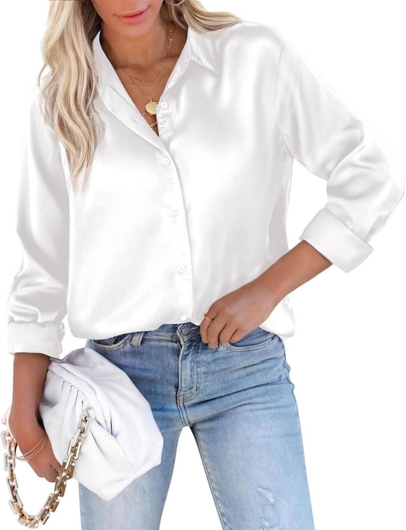 Button Down Shirts for Womn Satin Blouse Silk Long Sleeve Dress Shirt | Fashion Collared Top, Wrinkle Free, Work Business Casual Festival Evening Party Date Elegant Fall (White, M)