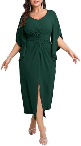 Women's Plus Size Formal Dresses Flowy Flutter Sleeve Bodycon Dress Twist Elegant Cocktail Evening Party Dresses 2XL, Dark Green 