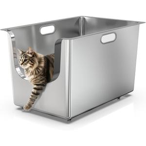Stainless Steel Litter Box 13.8'' High Sides, XL Metal Cat Litter Box with 4.7'' Curved Low Entry, Cat Litter Pan for Big & Multiple Cats, Pet Toliet with Handy Wheels for Easy Moving