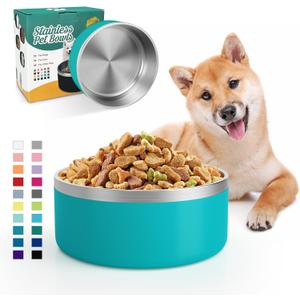 IKITCHEN Dog Bowl for Food and Water, 40 Oz Stainless Steel Pet Feeding Bowl, Durable Non-Skid Double Wall Insulated Heavy Duty with Rubber Bottom for Medium Large Dogs (40 Ounces/5 Cup, Lakeblue)