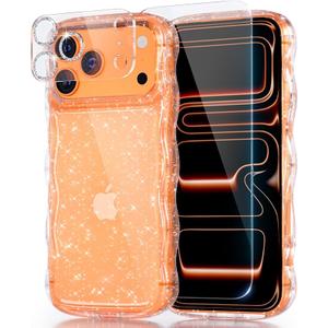 QVLANG Compatible for iPhone Air Case, Sparkly Glitter Cute Curly Wave Bumper Cover with Tempered Glass Screen Protector and Bling Camara Lens Protector for Women Girls, Glitter Clear