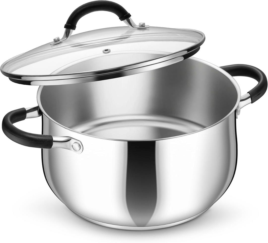 P&P CHEF Stainless Steel Stock Pot, 6 Qt Cooking Soup Pot with Visible Lid for Pasta, Tri-Ply Bottom & Dual Heatproof Handles, For Induction Gas All Stoves, Non-Toxic & Dishwasher Safe