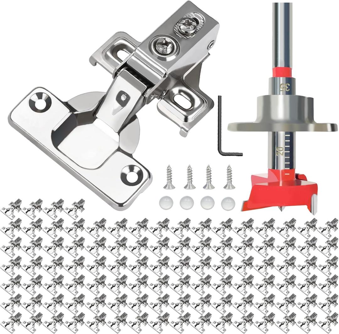 BESTEEL 100 Pack 1/2 inch Overlay Soft Close Cabinet Door Hinges for Kitchen Cabinet Hinge, 100 Degree Opening Angel, Stainless Concealed Kitchen Cabinets Hinge Self Closing with Drilling Tool &Manual