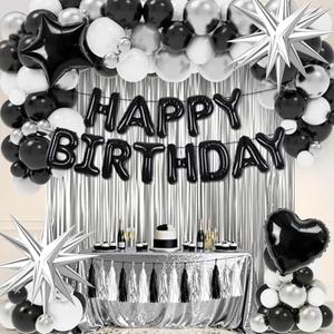 Black Birthday Decorations, Black and Silver Birthday Decorations for Men Women Girls Including HAPPY BIRTHDAY Balloons Banner Foil and Latex Balloons Silver Fringe Curtains Tassels Garland