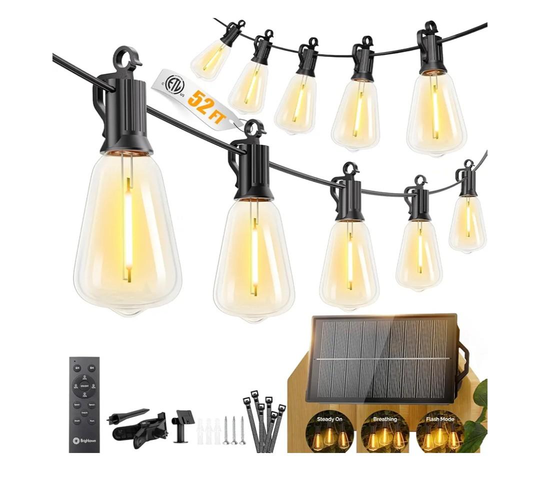 Brightown 52FT Solar String Lights Outdoor Waterproof, Patio Lights with Remote and 15+1 LED Shatterproof Bulbs, Dimmable & Timable, 3 Light Modes, Solar Lights Outdoor for Yard Garden Camping Party