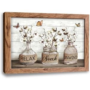 Tijuboni Farmhouse Bathroom Decor Wall Art, Rustic Cotton Flower Canvas Prints with Relax Soak Unwind Signs, Country Floral Framed Pictures Artwork for Bathroom 16"x24"