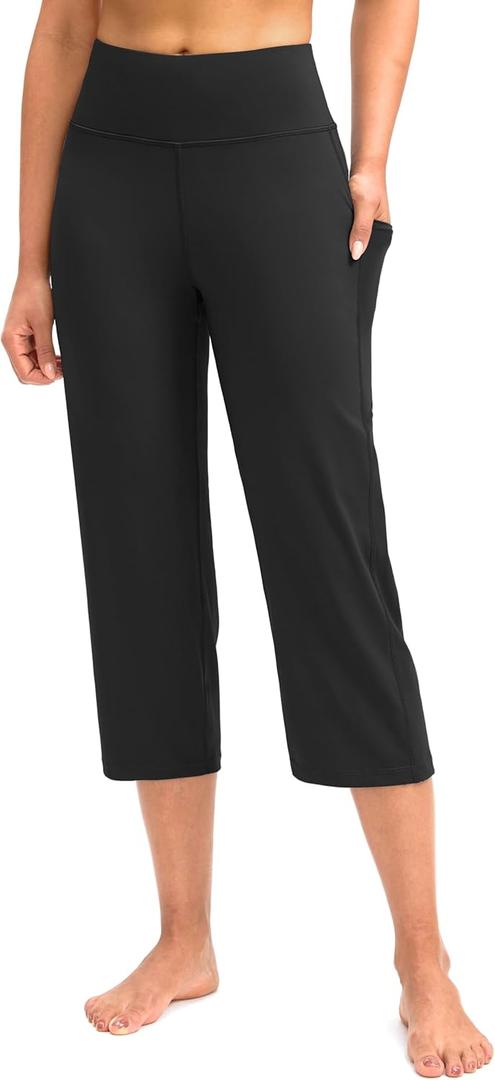 G Gradual Capri Pants for Women High Waist Workout Yoga Pants with Pockets Tummy Control Leggings Crop Straight (Black)