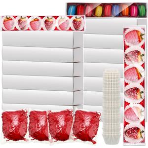 Cholemy 40 Sets Valentine Chocolate Strawberries Boxes with Clear Window 250 Pcs Paper Food Trays 4 Bags Raffia Bakery Macaron Boxes Disposable Serving Trays Gifts 12 x 2. 2 x 2 Inches(White)