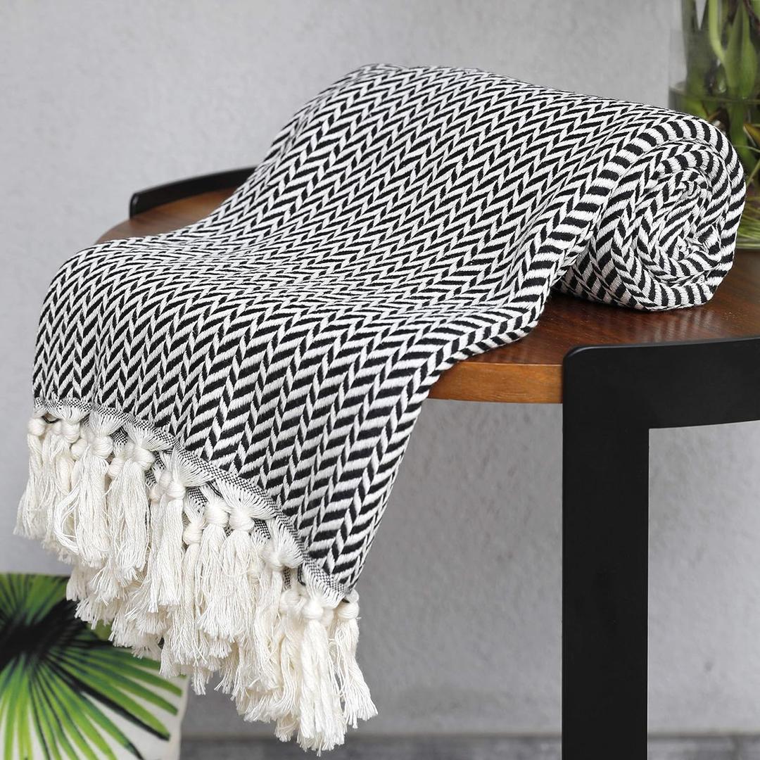 Peshtemania Premium Cotton Light Weight Boho Throw Blanket 50x60 Gray Black and Off White for Bed Chair Couch Farmhouse Turkish Throws for Sofa Bedroom Outdoor Fall Throw Blanket Yoga Blanket