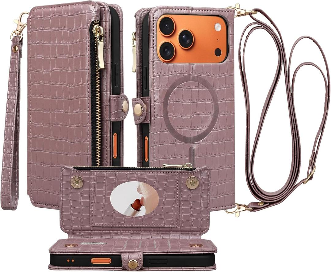 Crossbody Wallet Case for iPhone 17 Pro Max with Mirror, Wrist Strap, Zipper Purse Magnetic Flip, RFID Blocking Card Holder, Wireless Charging, PU Leather Shockproof 6.9" Women (Rose Gold)