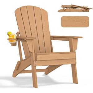 nevilywood Folding Adirondack Chair - Extended Ergonomic Backrest, Cup Holder - Easy Assembly - Durable HDPE Plastic, Weather Resistant & Maintenance-Free - Lawn, Patio, Deck Supports 380lbs,Teak (1PC)