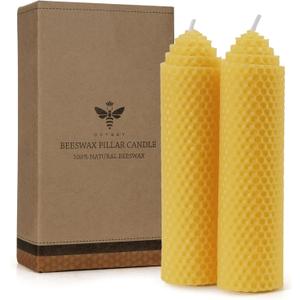 Beeswax Pillar Candles Set of 2 - Handmade Pure Beeswax Rolled Candles for Gift & Home Decor (1.56 in) (Yellow)