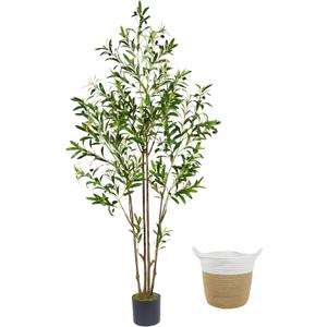 6ft (71) Artificial Olive Tree, Tall Fake Olive Plant with Basket, Faux Olive Silk Tree for Mordern Indoor Home Livingroom Office Floor Corner Dcor