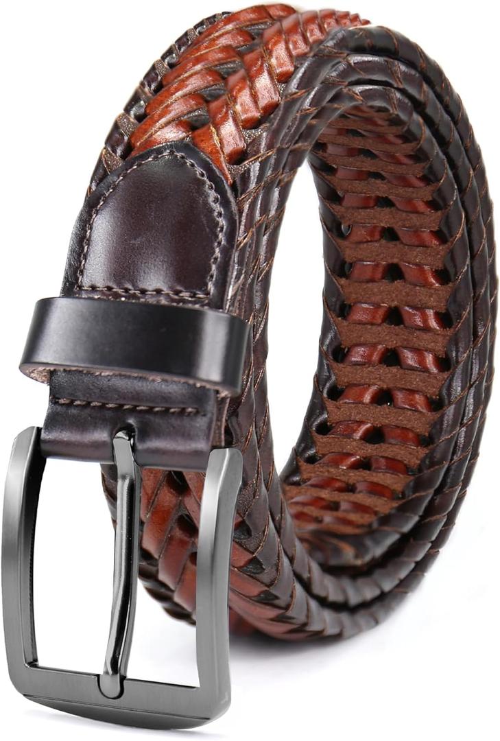 Mens Braided Leather Belt Everyday Casual Woven Belts for Men Fit Casual Golf Pants Jeans (34(Fits Waist:32"-35"), Deep Brown/Light Brown)