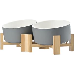 SPUNKYJUNKY 15 Slanted Ceramic Dog and Cat Bowl with Wooden Stand, Tilted Bulldog Food and Water Bowl No Slip Non-Spill for Cats Medium Dogs Big Face Pets 28.7 OZ (3.6 Cups, White-Grey  2)