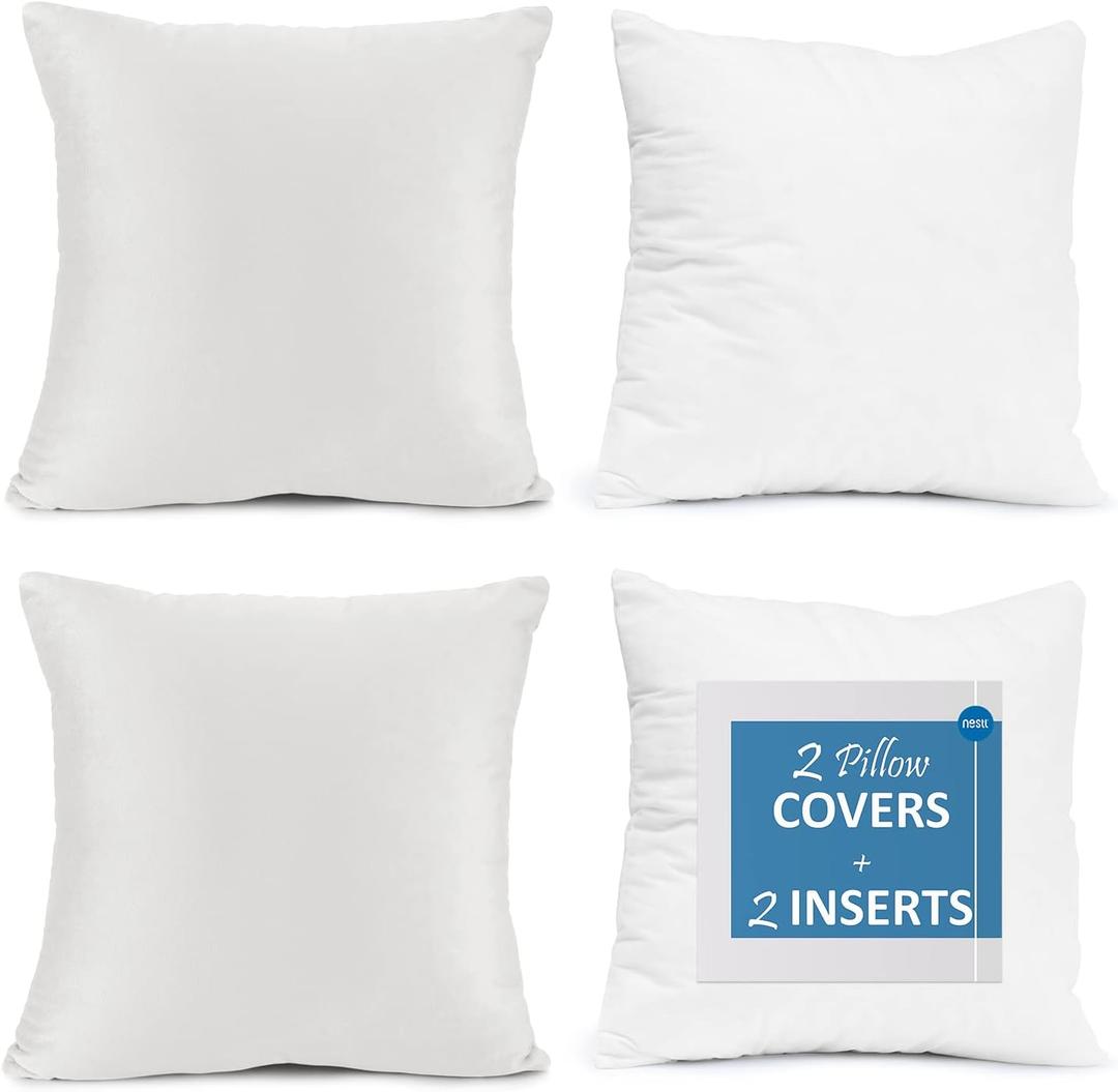Nestl Throw Pillow Inserts Pack of 2 with Velvet Soft Solid Decorative Square Throw Pillow Covers Set for Sofa Couch Car Bedroom, 26X26 Throw Pillows Inserts with 24x24 Washable Cushion Covers, White