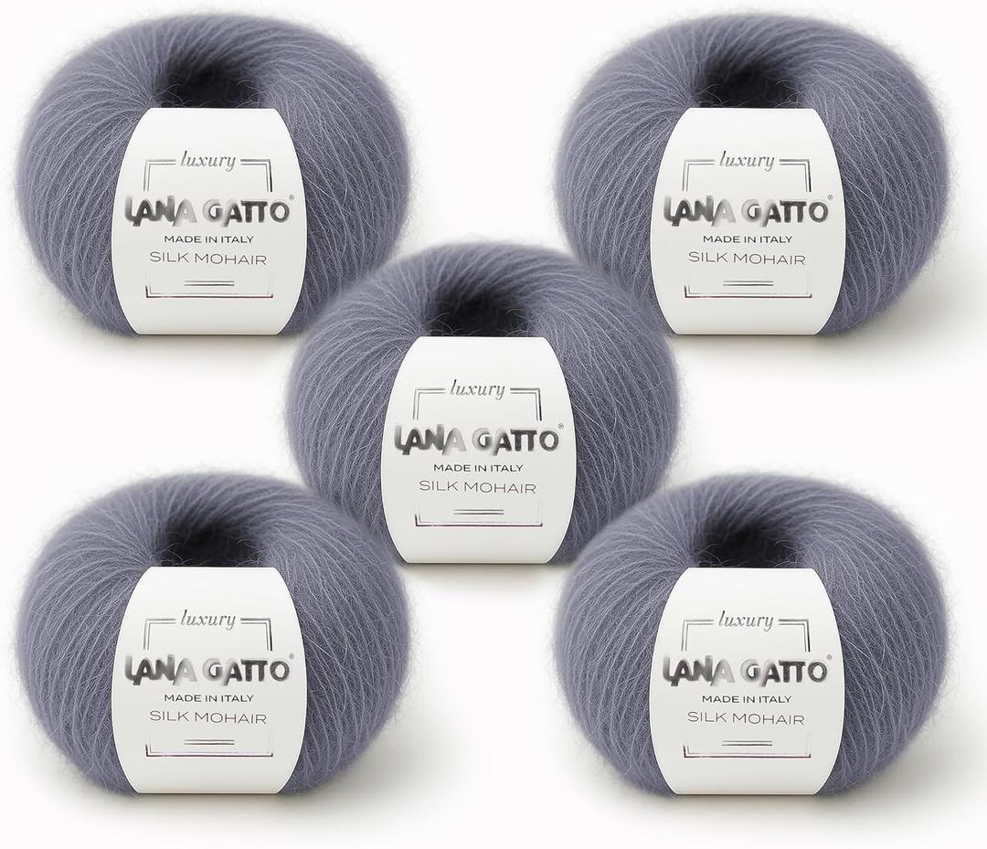 Silk Mohair Yarn for Knitting  Lace Weight Mohair Yarn with Silk, Made in Italy  Gray-30480, 5 Skeins