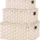 GRANNY SAYS Wicker Storage Baskets with Lids, Set of 3 Decorative Storage Boxes, Baskets for Organizing, Butter Milk, 3-Pack