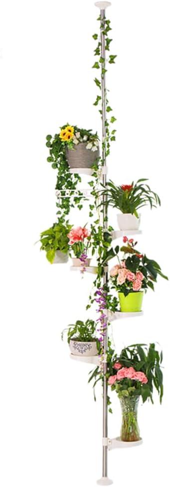 Hershii 7-Layer Tension Pole Plant Stand Indoor Decorative Display Rack Stands for Flower Pots Floor to Ceiling Adjustable Hanging Corner Shelf (6 Trays & 1 Hook, Ivory)