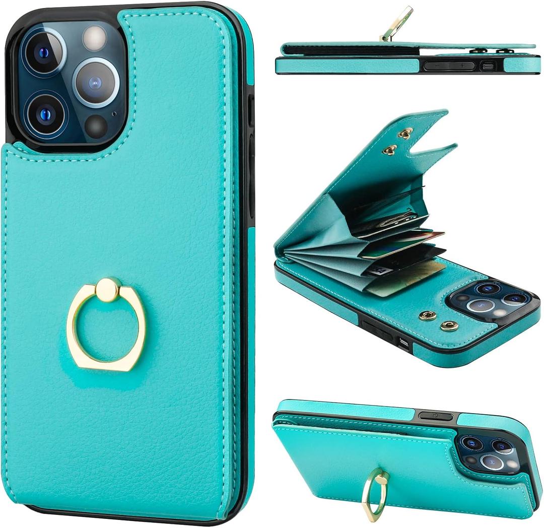 Folosu Compatible with iPhone 13 Pro Max Case Wallet with Card Holder, 360°Rotation Finger Ring Holder Kickstand, RFID Blocking PU Leather Protective Double Buttons Shockproof Cover 6.7'' Mint Green