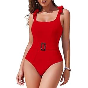 AI'MAGE Women's One Piece Swimsuit 2025 Tummy Control Swimsuits Slimming Bathing Suits Belted Swim Suit Swimwear, Red, M