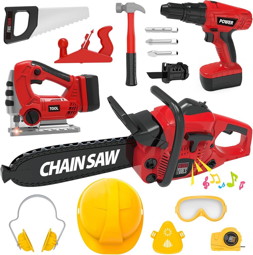 Kids Tool Set with Electric Toy Drill Halloween Chainsaw Jigsaw Toy Tools, Realistic Kids Power Construction Pretend Play Tools Set Toy STEM Playset Toddler Toys Kit for Toddler Boy Girl