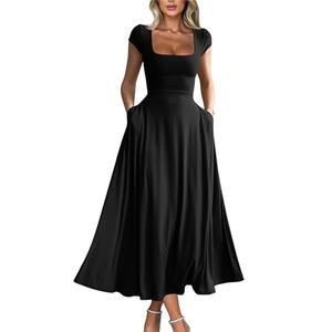 YMDUCH Women's Casual Short Sleeve Square Neck Solid Slim Flowy Maxi Dress with Pockets Black, Size M