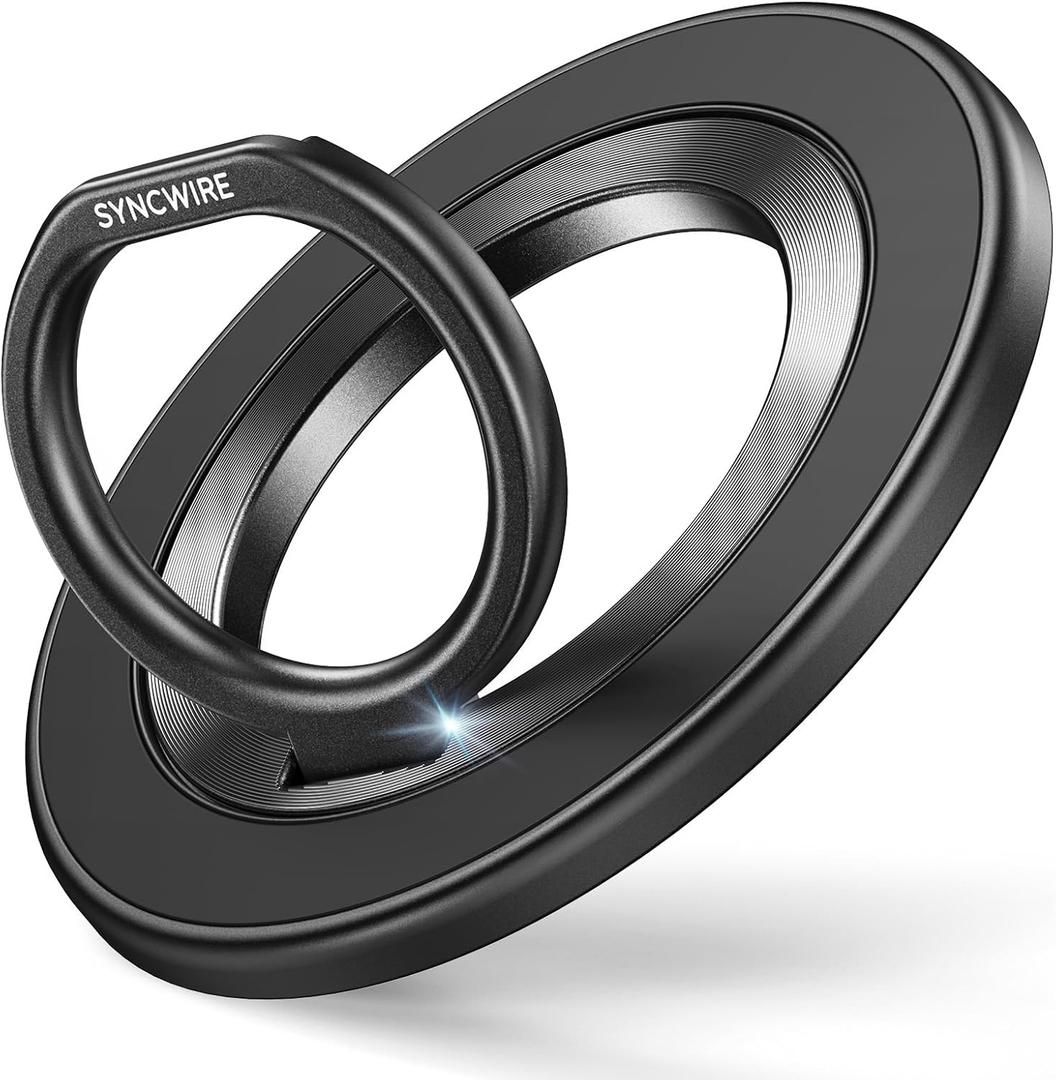 SYNCWIRE Magnetic Phone Ring Holder for MagSafe, 360 Rotation Cell Phone Grip Stand Finger Ring Kickstand Two-Sided Magnet Compatible with iPhone 17 Pro Max 16 15 14 13 12 MagSafe Accessories (Single Ring-1PCS-Black)