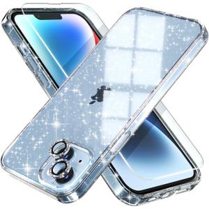 Choiche Compatible for iPhone 14 Plus Case Women Phone Case, Cute Bling Sparkly, Military Grade Drop Protection, 2 Diamond Camera Lens Covers, 2 Tempered Glass Protectors, 6.7 inch (Glitter Clear)