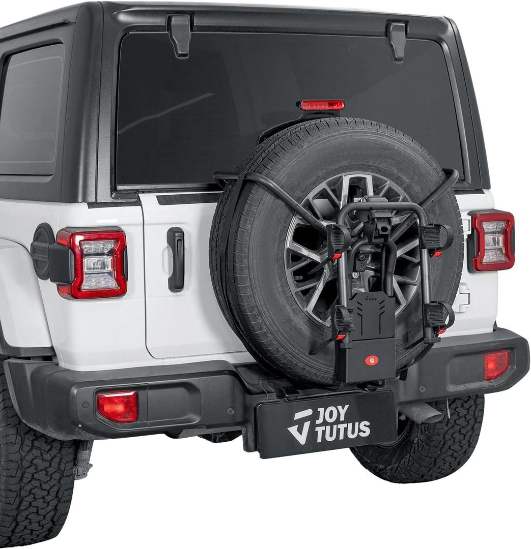 JOYTUTUS Spare Tire Bike Rack for 2-Bike Folding with Security Lock for Wrangler Gladiator Bronco SUV, Anti-Wobble Bike Mount Carrier, Fit 31.5"-32.5" Spare Tire