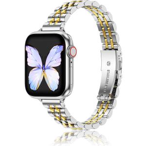 MioHHR Slim Metal Band Compatible with Apple Watch Band 42mm(Series 10) 41mm 40mm 38mm, Dressy Stainless Steel Chain Strap for Women iWatch Bands Series 9 8 7 6 5 4 3 2 1 SE, Silver/ Gold