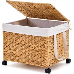 Laundry Hamper with Lid and Wheels Handwoven Water Hyacinth Laundry Basket with Removable Liner Bags & Anti-Slip Pads, Includes 2 Mesh Bags Rolling Laundry Hamper (Natural, 60L)