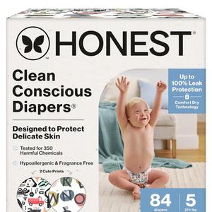 The Honest Company Comfort Dry Disposable Diapers for Sensitive Skin, Hypoallergenic, Big Trucks + All The Letters, Super Club Box Size 5 (27 lbs), 84 Count