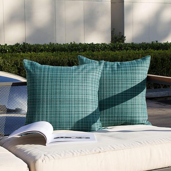 Kevin Textile Pack of 2 Decorative Outdoor Waterproof Throw Pillow Covers Stripe Square Pillowcases Modern Cushion Cases for Patio Couch Bench 18 x 18 Inch Teal
