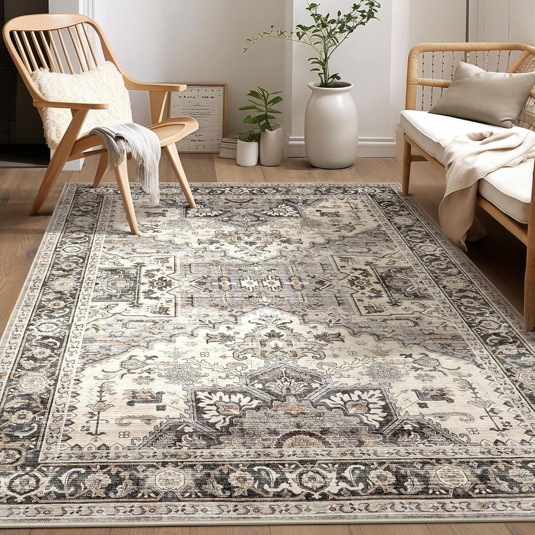 Area Rug for Living Room - 6x9 Soft Machine Washable Oriental Vintage Floral Distressed Large Indoor Floor Carpet for Bedroom Under Dining Table Home Office Decor - Brown