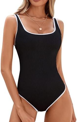 BMJL Women's One Piece Swimsuit Sports Adjustable Strap Bathing Suit Color Block Ribbed High Cut Swimsuits, XL, Black