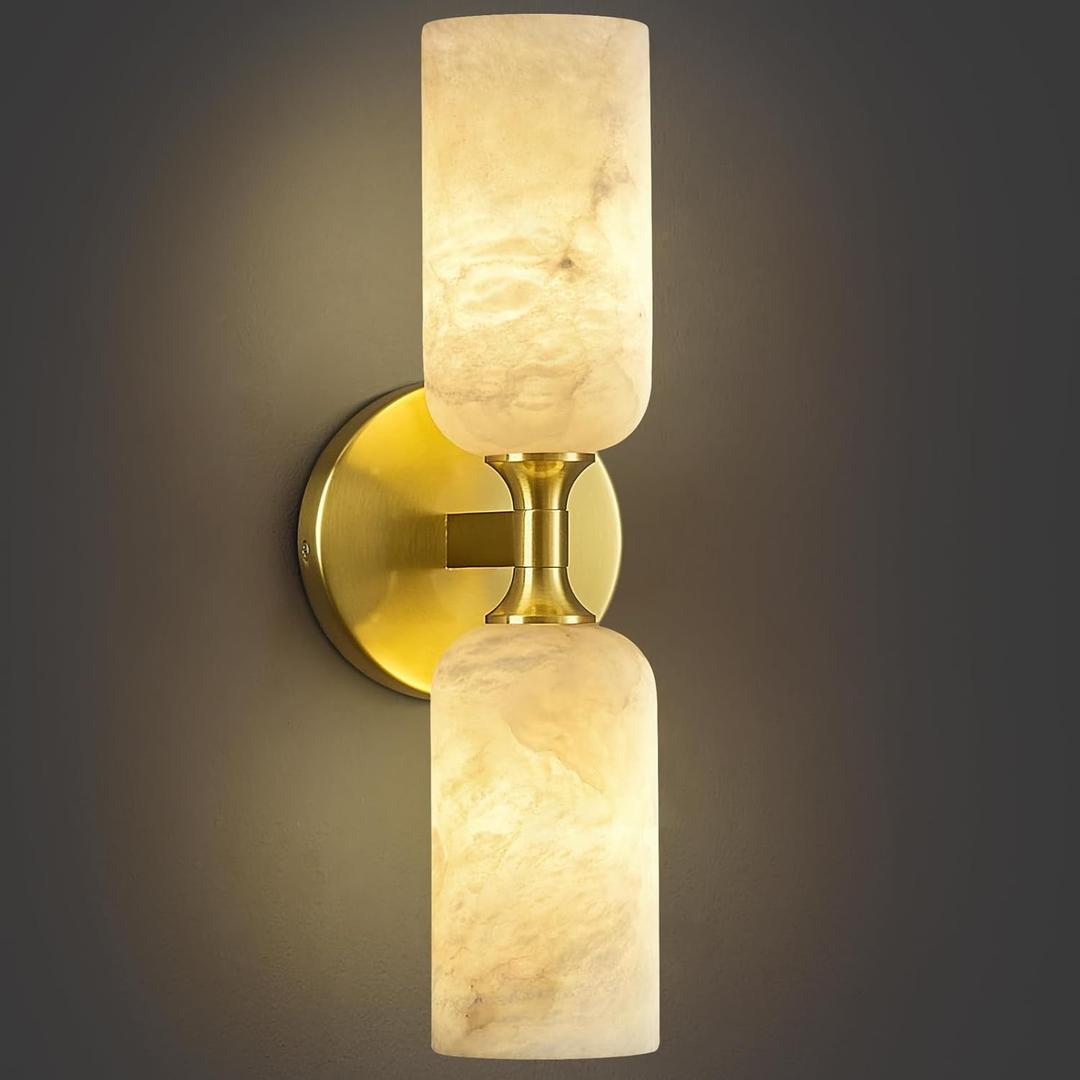 LMQNINE Natural Alabaster Wall Sconces Modern Gold Wall Lamp 14in Milky White Alabaster Vanity Wall Lighting for Bedroom Bathroom Staircases HallwayIncluded G9 Bulb,1 Pack