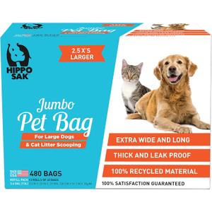 Hippo Sak Extra Large Pet Poop Bags for Large Dogs and Cat Litter, 480 Count