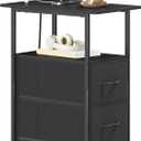 Somdot End Table with Charging Station, Narrow Side Table with 2 Fabric Drawers, Skinny Nightstand with Storage, Small Slim Bedside Table for Living Room, Sofa, Bedroom, Couch, Black