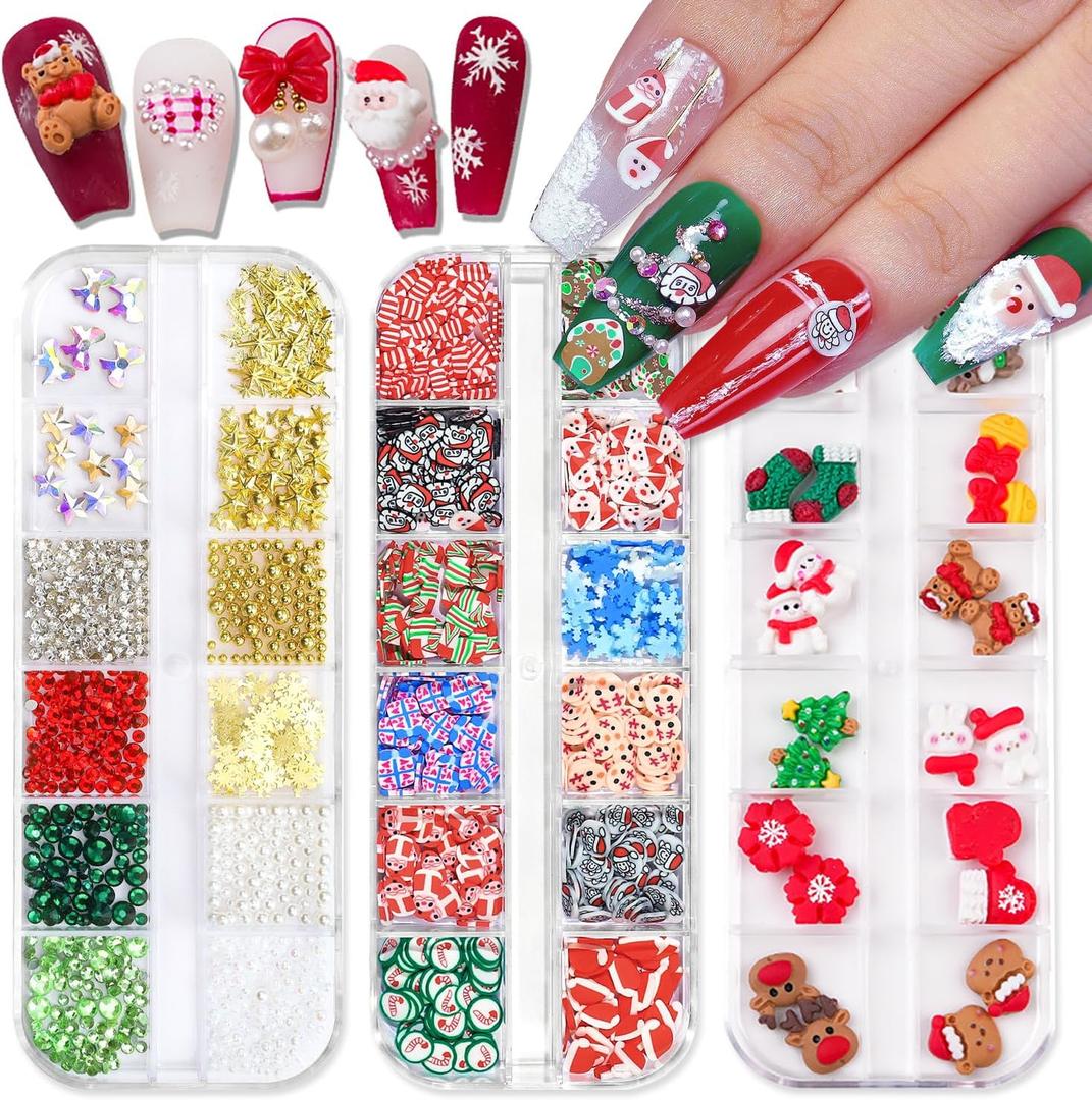 DANNEASY 3 Boxes Christmas Nail Charms Gold Soft Polymer Clay Slices 3D Beads Caviar Nail Pearls Flat-Back Nail Rhinestone Glass Crystal Resin Nail Studs Acrylic Nail Decoration Jewels