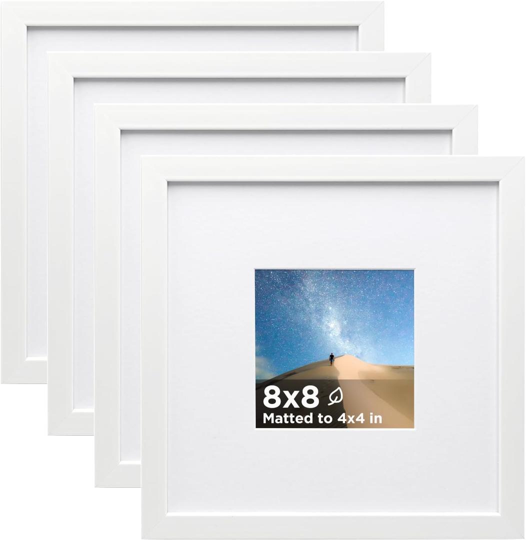 KINLINK 8x8 Picture Frame White Set of 4, Wooden Square Photo Frames Matted 4x4 with Plexiglass for 4x4 with Mat or 8x8 without Mat for Table and Wall Display