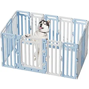 BUMUBI Dog Playpen Fence Clear Pet Puppy Foldable Kennel for Large Medium Dogs Plastic Puppy Enclosure for Cat Rabbit Indoor Whelping Box for Dogs with Gate (Blue + White, 16 Panels+1 Door)