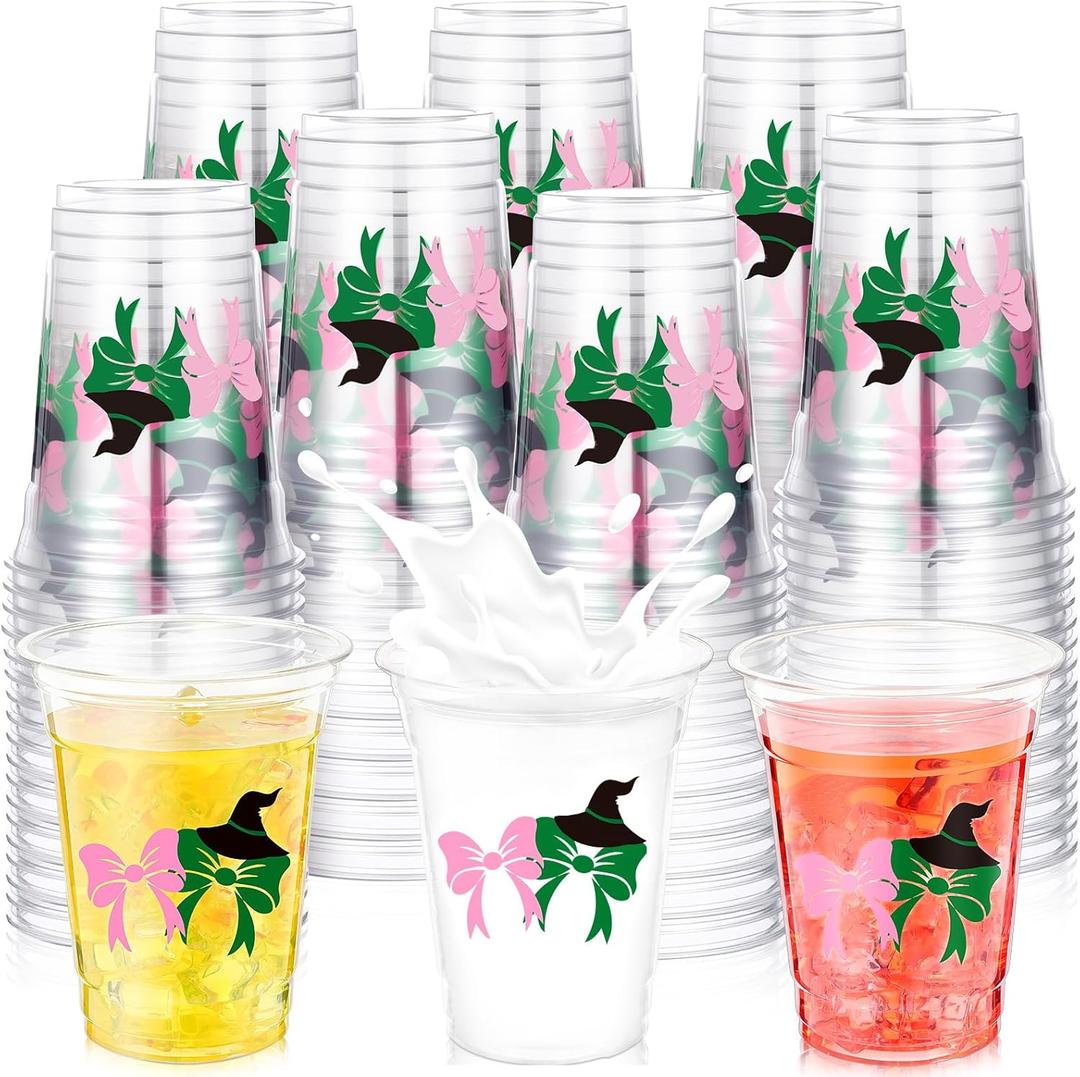 Chuangdi 50 Pcs 12 oz Princess and Witch Cups Pink and Green Disposable Witch Hat and Bows Plastic Cups for Musical Theatre Witch Themed Birthday Party Decoration