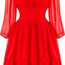 PUKAVT Women's Summer Dresses 2026 Square Neck Tie Back 3/4 Lantern Sleeve Vintage Chiffon Short Dress (XS)