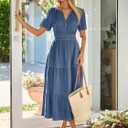 Simplee Womens Summer Denim Dress Casual Short Sleeve V Neck Empire Waist Boho Flowy Western Jean Maxi Dresses with Pockets (S)