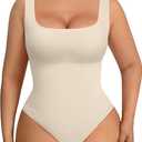 FeelinGirl Bodysuits for Women Seamless Square Neck Tummy Control Compression Thong Shapewear Bodysuit Tank Tops Bodysuit (Beige, M/L)