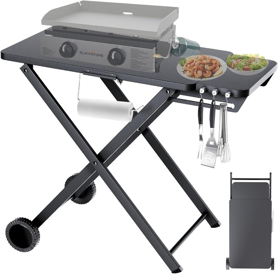 Foldable Grill Cart with Wheels, 34"x20" Outdoor Grill Table for Blackstone 17 Inch & 22 Inch Griddle, Ooni Pizza Oven & Ninja Portable Grills, Heavy Duty Camping Grill Stand for Food Prep