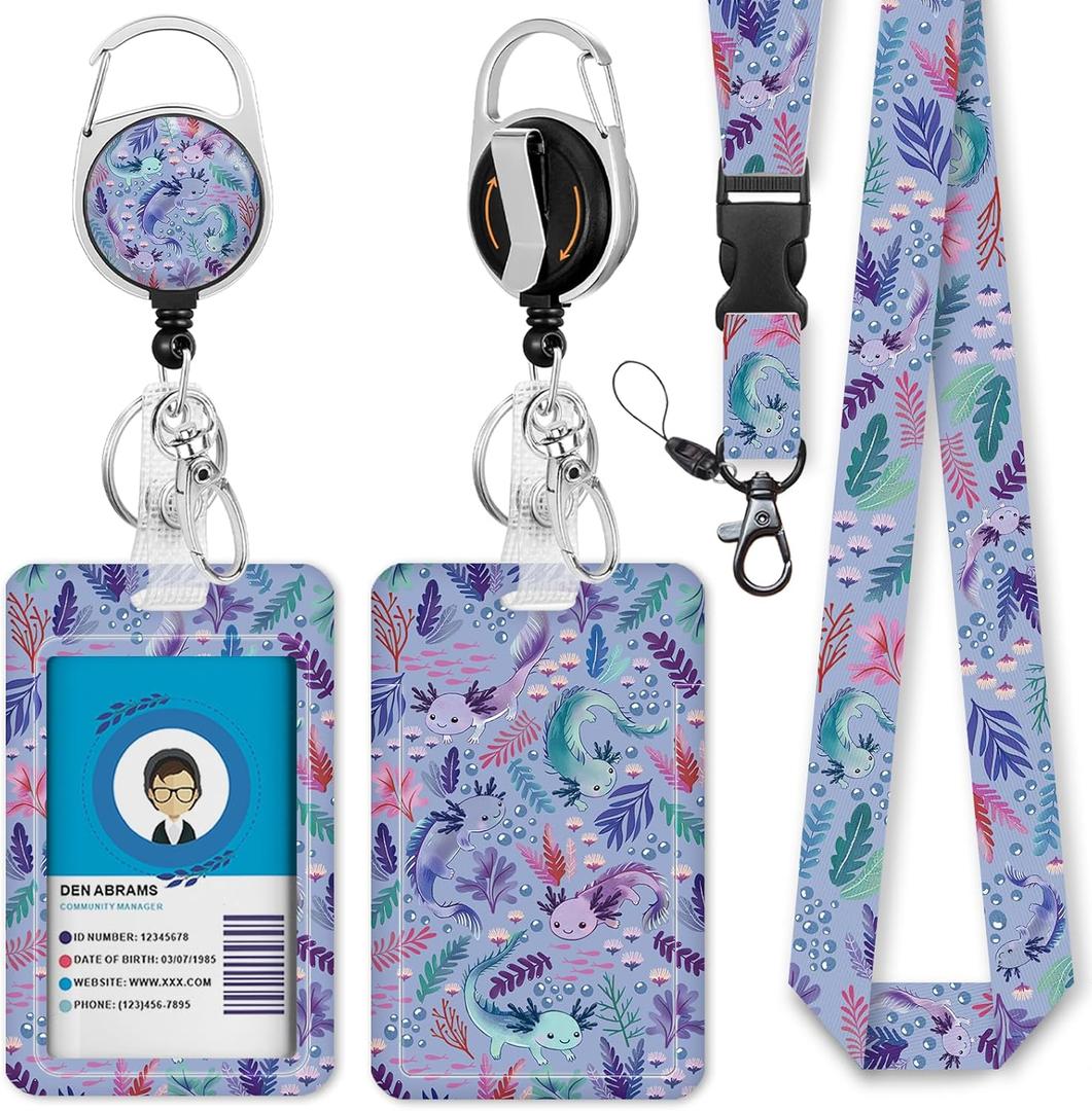 Immaturus Axolotls Lanyards for ID Badges, Cute Badge Holder with Retractable Badge Reel, Animal Lanyard with Id Holder Clip, Keychain Name Tag ID Card Protector Teacher Women Doctor Office Gift