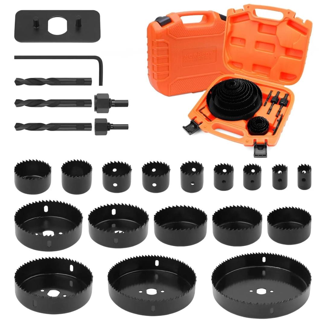HORUSDY Hole Saw Set 24PCS Hole Saw Kit,Hole Saw Drill Bit Kit, 3/4"-6" (19-152mm) 17PCS Saw Blades, 2 Mandrels, 3 Drill Bit, Installation Plate, Hex Key, For Drywall, Soft Wood, Plywood, Plastic, PVC