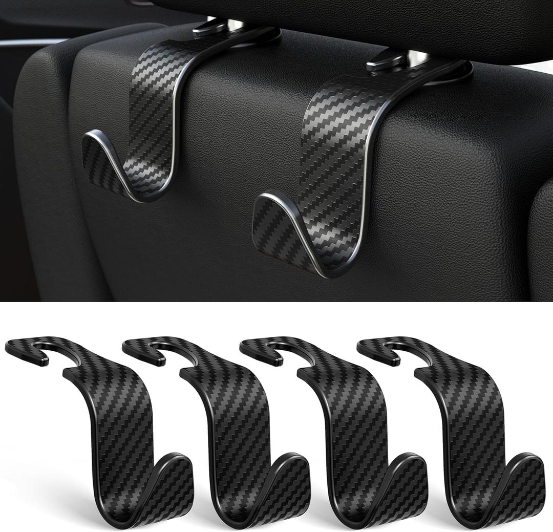 Amooca 4-Pack Car Headrest Hooks Vehicle Storage Organizer for Purses Handbags Groceries Coats Holds 55lbs 360 Rotating Simple Design Black Checkered